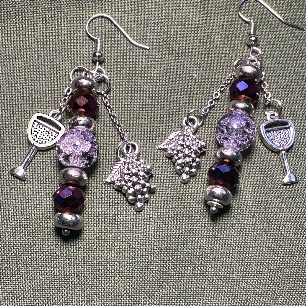 Hand Crafted Silver and Purple Wine Theme Earrings